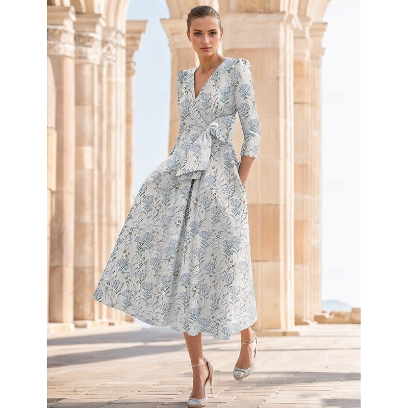 Jacquard Floral A-Line Cocktail Dress Formal Elegant Wedding Guest Vintage V Neck Ankle Length Half Sleeve with Bow(s) Flower Wedding Guest Dress