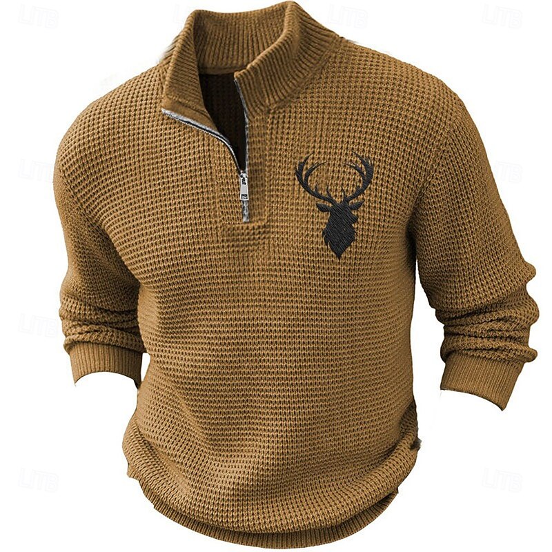 Men's Elk Pullover Sweater Jumper Sweater Polo Polo Sweater Zip Collar Casual School Outdoor Vacation Embroidered Zipper Knitting Long Sleeve Spring Fall Winter Black Brown Military Green
