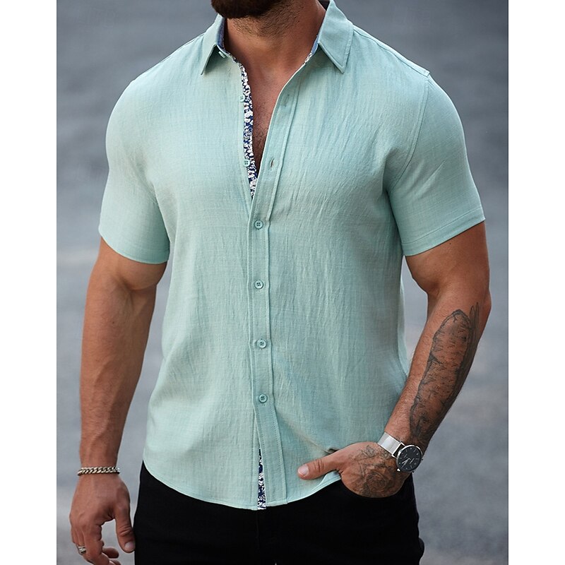 Men's Shirt Summer Shirt Casual Shirt Beach Shirt Button Up Shirt Black White Light Green Blue khaki Short Sleeve Plain Lapel Vacation Hawaiian Splice Clothing Apparel Polyester Fashion Casual4