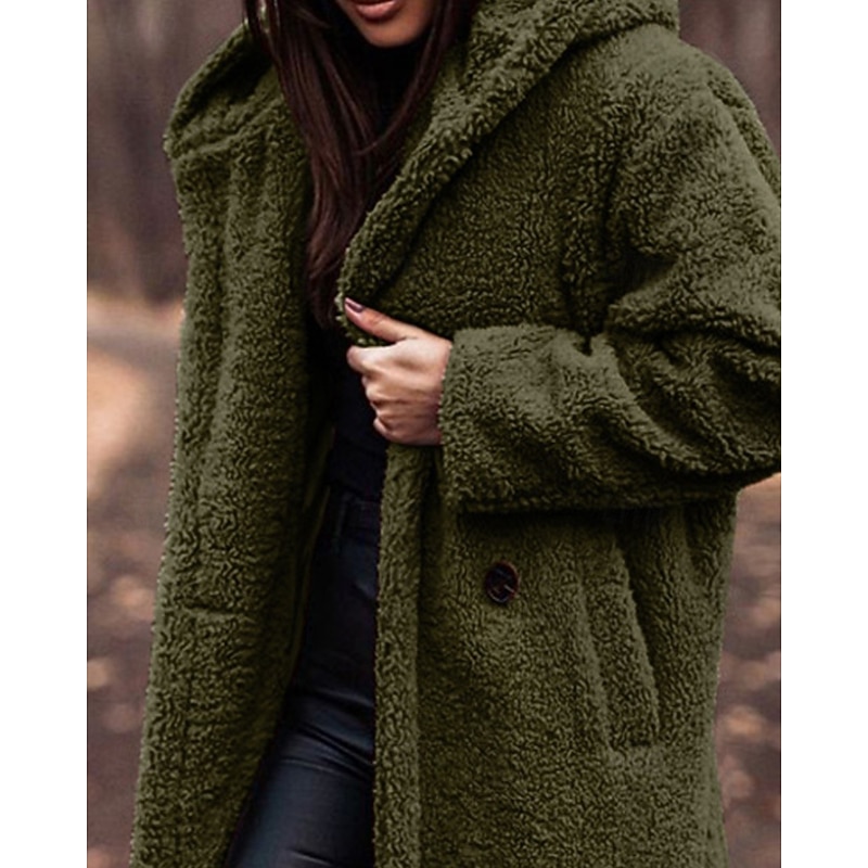 Women's Winter Coat Fleece Jacket Warm Comfortable Pocket Buttons Fashion Casual Plain Vacation Street Casual Daily Wear Single Breasted Long Hooded Regular Fit Long Sleeve Outerwear Army Green Fall2