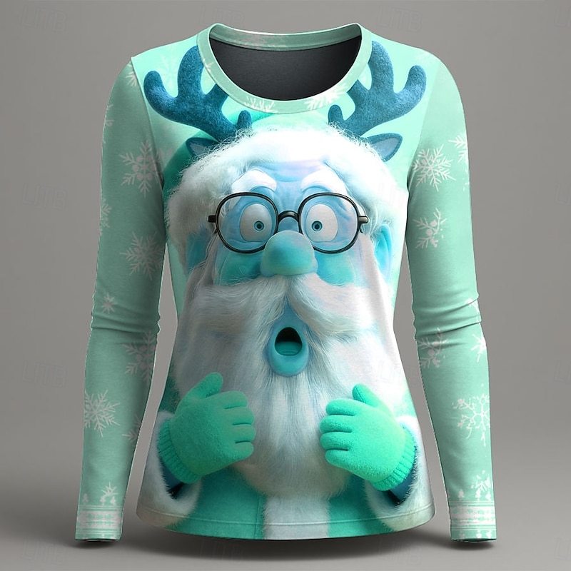 Christmas Women's T Shirt Graphic Santa Claus Vintage Fashion Stylish Long Sleeve Crew Neck Round Neck Regular Tops Daily Weekend Print Pink Blue Green Summer Spring Fall Winter3