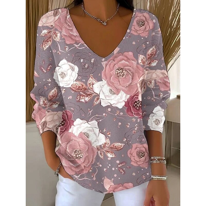 Women's Sweater Casual Soft Floral Ribbed V Neck Knitted Print Long Sleeve Regular Tops Knit Outdoor Daily Weekend Dusty Rose Fall Winter