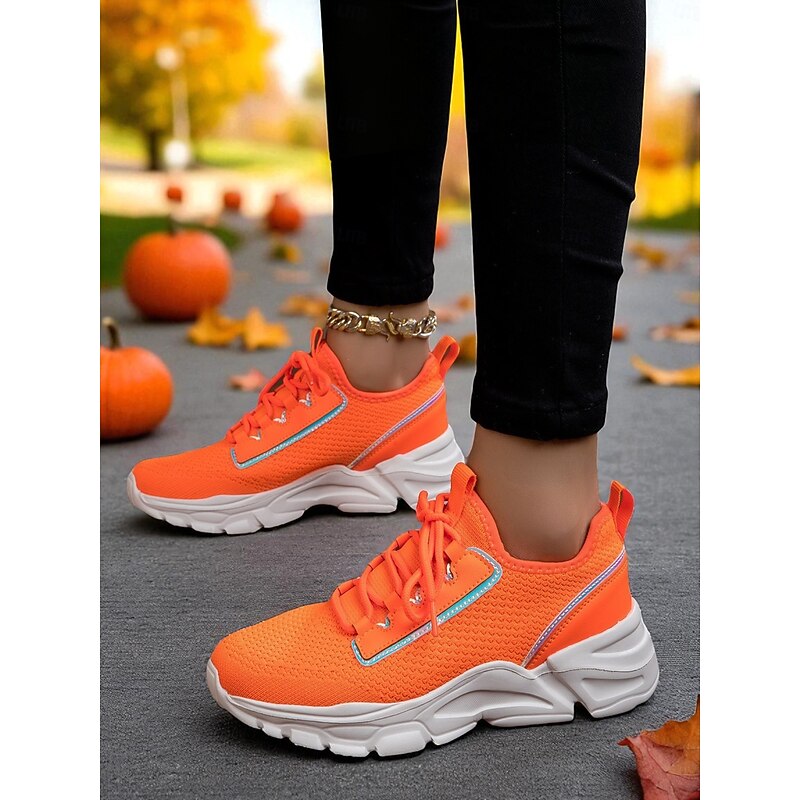 Women's Orange Athletic Sneakers – Breathable Lace-Up Chunky Sole Running Shoes for Walking, Fitness and Casual Outfits