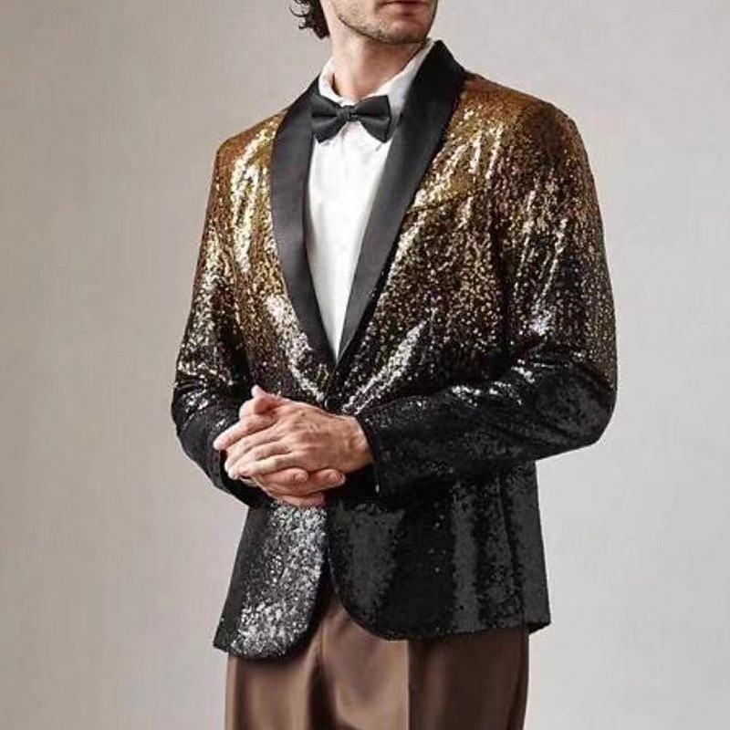 Men's Blazer Business Cocktail Party Wedding Party Fashion Casual Spring Fall Polyester Gradient Sequins Pocket Comfortable Single Breasted Blazer Gold3