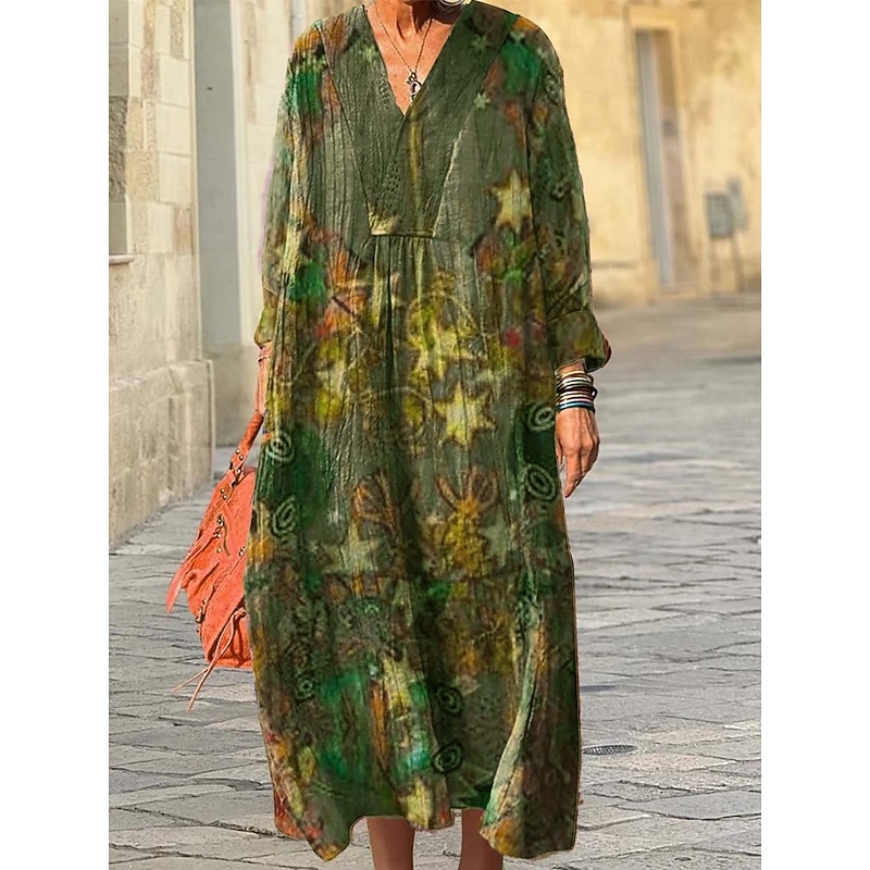 Women's Midi Dress Sundress A Line Dress Vacation Casual Boho Going out Beach Loose Fit Graphic Geometric Abstract Long Sleeve V Neck Red Blue Purple Green Spring Fall Winter Autumn2