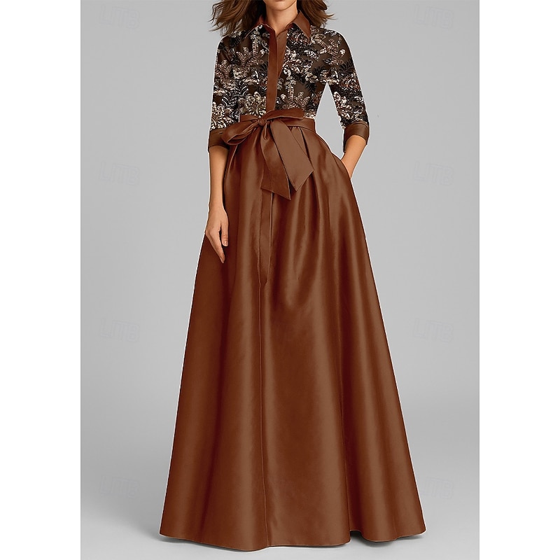 Floral Sequin Applique A-Line Mother of the Bride Shirt Dress Elegant Shirt Collar Floor Length Taffeta Half Sleeve with Bow(s) Sequin Appliques2