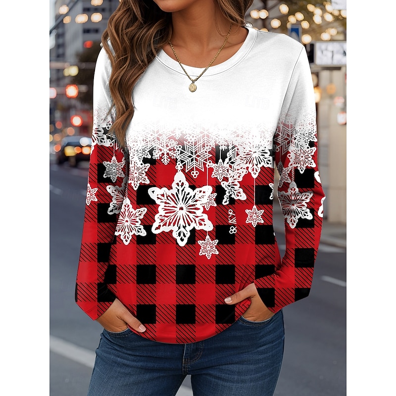 Women's T Shirt Graphic Plaid Snowflake Vintage Fashion Stylish Long Sleeve Crew Neck Regular Tops Daily Weekend Print Red Blue Purple Green Spring Fall Winter