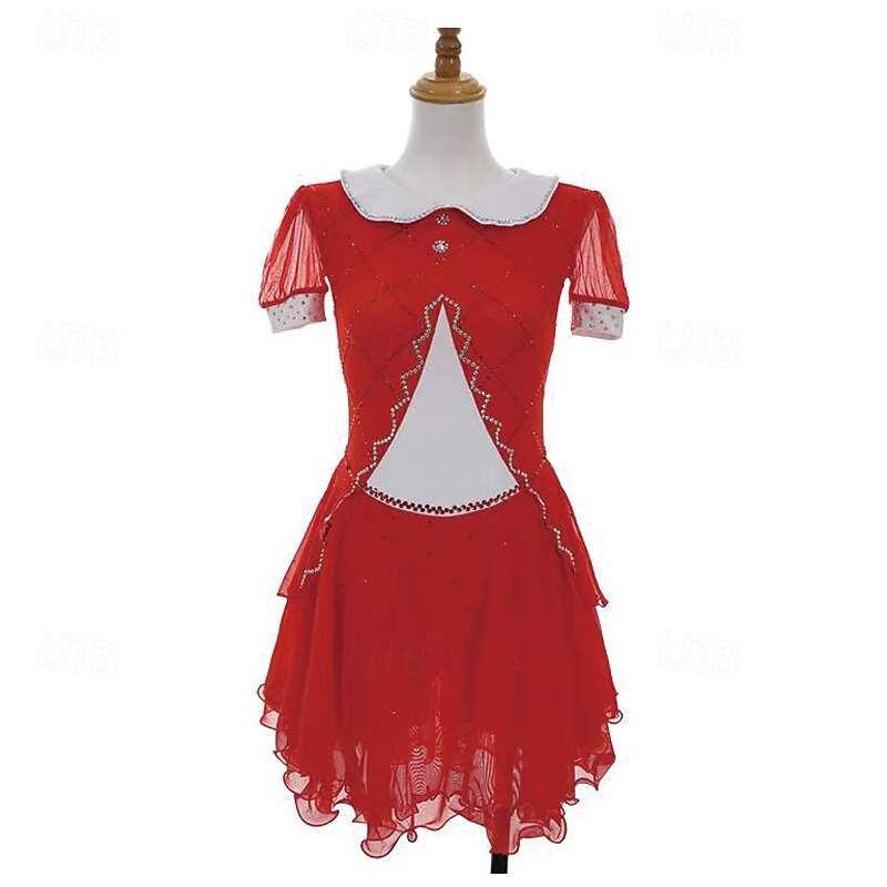 Figure Skating Dress Women's Girls' Ice Skating Dress Red Patchwork Thumbhole Mesh Spandex Stretchy Training Practice Professional Skating Wear Thermal Warm Crystal / Rhinestone Short Sleeve Ice