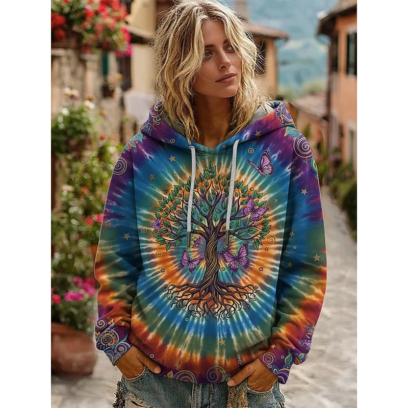 Women's Pullover Hoodies Graphic Tie Dye Fashion Streetwear Casual Long Sleeve Hooded Regular Tops Dailywear Casual Drawstring Print Blue Spring Fall3
