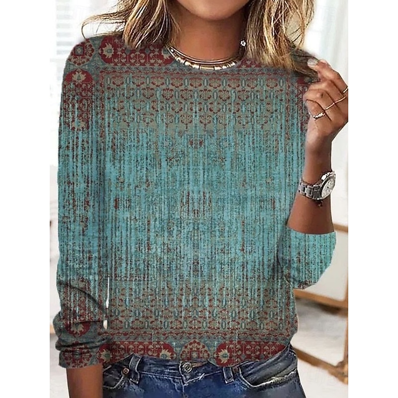 Women's T Shirt Floral Graphic Geometric Bohemia Vintage Stylish Long Sleeve Crew Neck Regular Tops Daily Weekend Vacation Wear Print Blue Orange Green Spring Fall Winter2