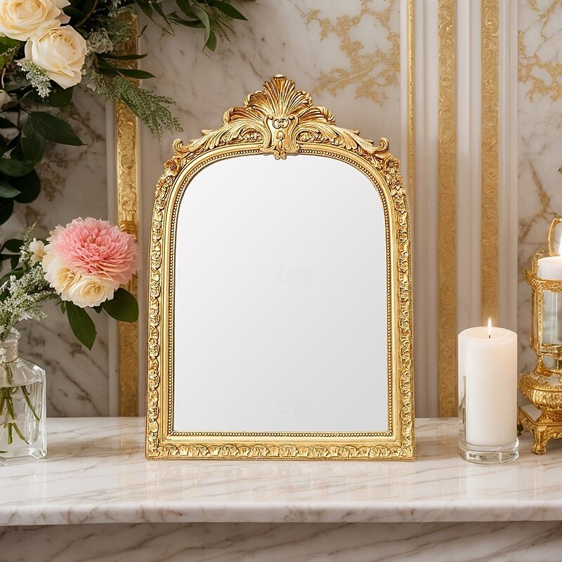 Resin Gold Arch Lace Decorative Wall Mirror – European Style Home Art Hanging Ornament for Wall Decor, Vanity Mirror, and Photography Prop3