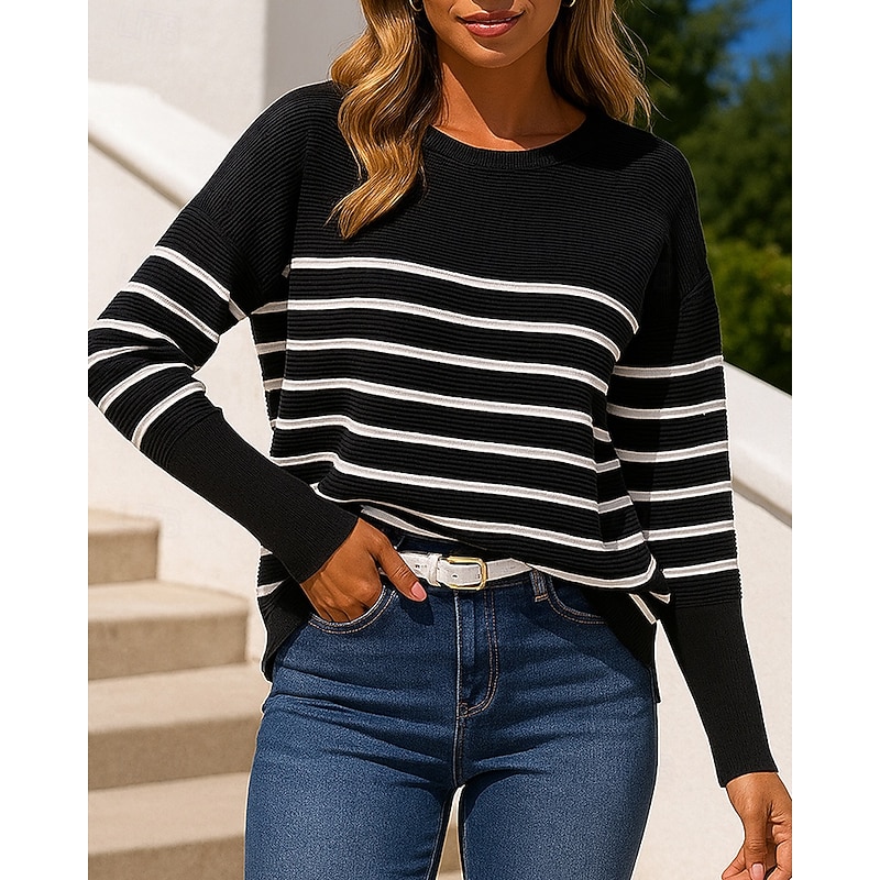 Women's Knit Shirt Pullover Sweater Long Sleeve Top Athleisure Fall Striped Spandex Fashion Outdoor Travel Sports Sportswear Activewear Black-White Black White4