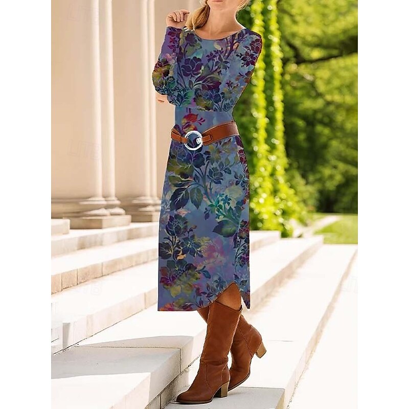 Women's Midi Dress Sheath Dress Shift Dress Casual Daily Regular Fit Graphic Paisley Abstract Long Sleeve Crew Neck Red Blue Purple Green Spring Fall Winter Autumn4