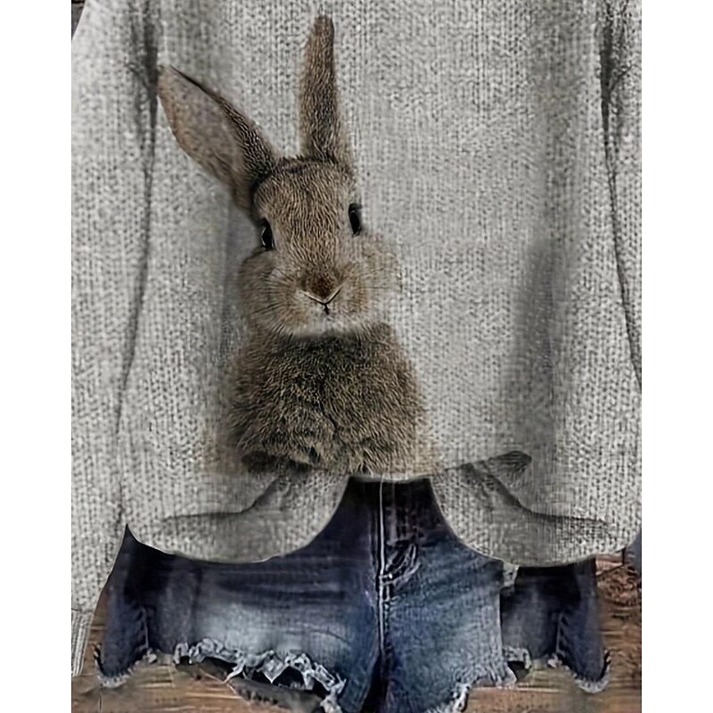 Women's Sweater Pullover Casual Animal Ribbed Crew Neck Knitted Long Sleeve Regular Tops Knit Daily Holiday Going out Gray Fall Winter3