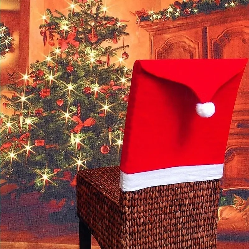 4Pcs Christmas Chair Covers, 24x20 Inch Non-Woven Santa Hat Chair Back Covers with Adhesive, Holiday Dining Chair Slipcovers for Xmas Party and Home Decoration4
