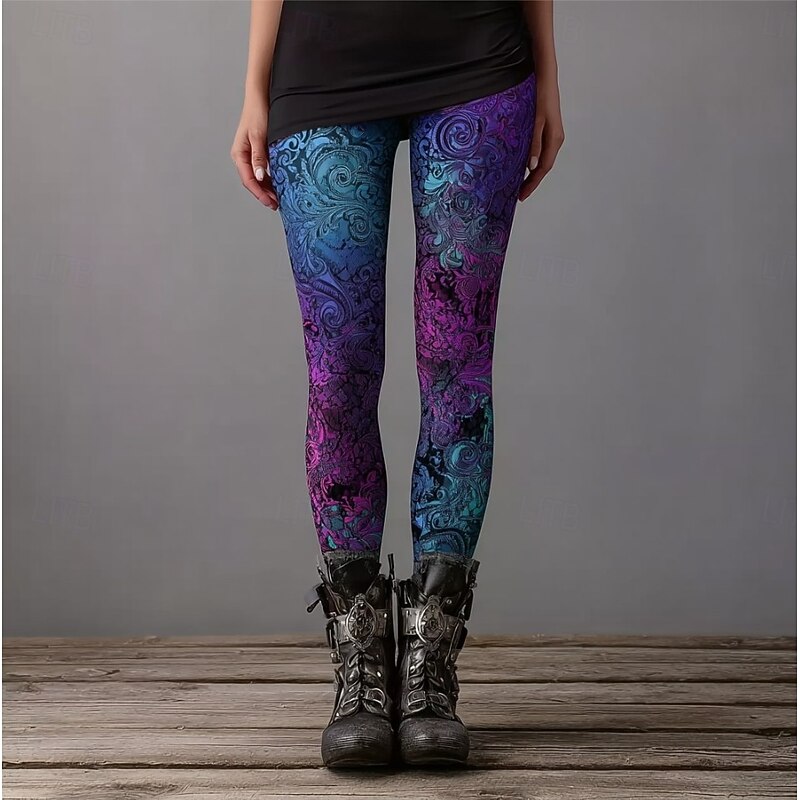 Women's Leggings Vacation Vintage Fashion Full Length High Waist Floral Graphic Abstract Printing Thermal Warm Soft Breathable Stretchy Vacation Street Violet Black Spring Fall Winter Slim Fit