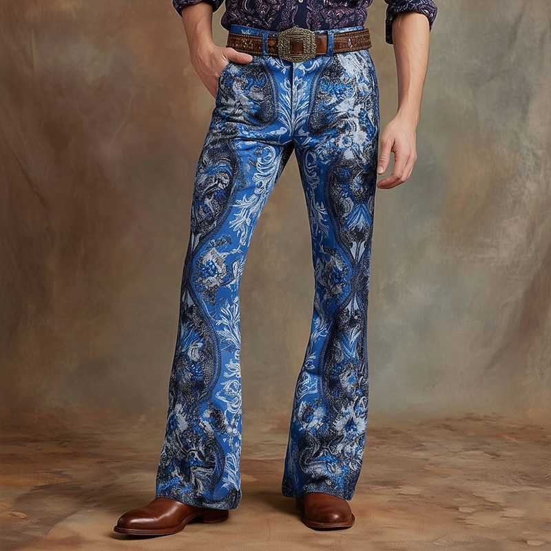 Men's Paisley Floral Print Ethnic Disco Pants 60s 70s Bell Bottoms Mid Waist Western Vintage Retro Outdoor Vacation Casual Side Pockets Flared Leg Pants Trousers Spring Fall 3D Print Yellow Blue3