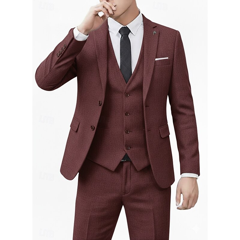 Men's Wedding Business Tweed Suits Notch Lapel Black Burgundy Daily Formal Solid Colored Tailored Fit 3 Piece Single Breasted Two-buttons3