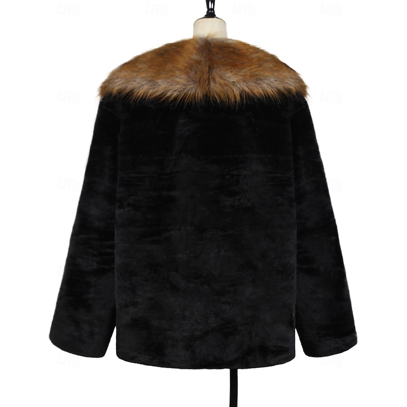 Men Fleece Jacket Faux Fur Coat Casual Windbreaker Faux Fur Trim Winter Solid Color Fashion Long Black Jacket4