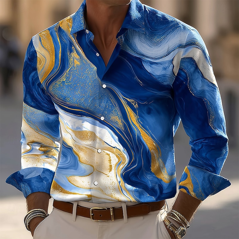 Men's Geometric Pattern Marble Abstract Liquid Art Shirt Button Up Shirt Long Sleeve Vintage Retro Outdoor Casual Holiday Spring Fall Turndown 3D Print Collared Shirts Blue Green Light Blue