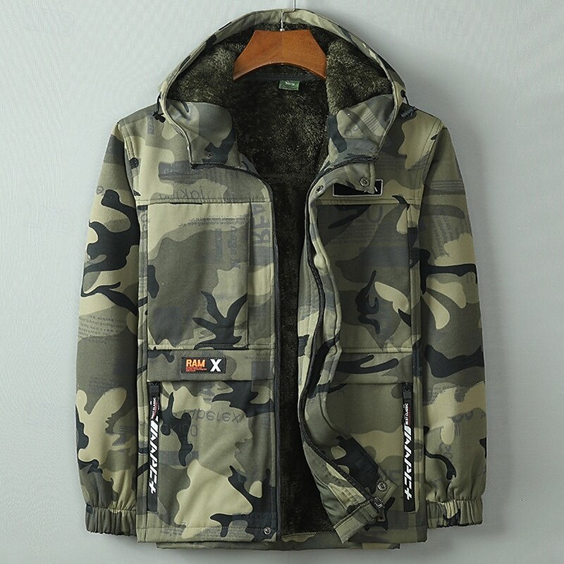 Men's Hiking Jacket Fleece Jacket Puffer Jacket Thermal Set Cotton Winter Outdoor Camo Thermal Warm Windproof Top Black Green4