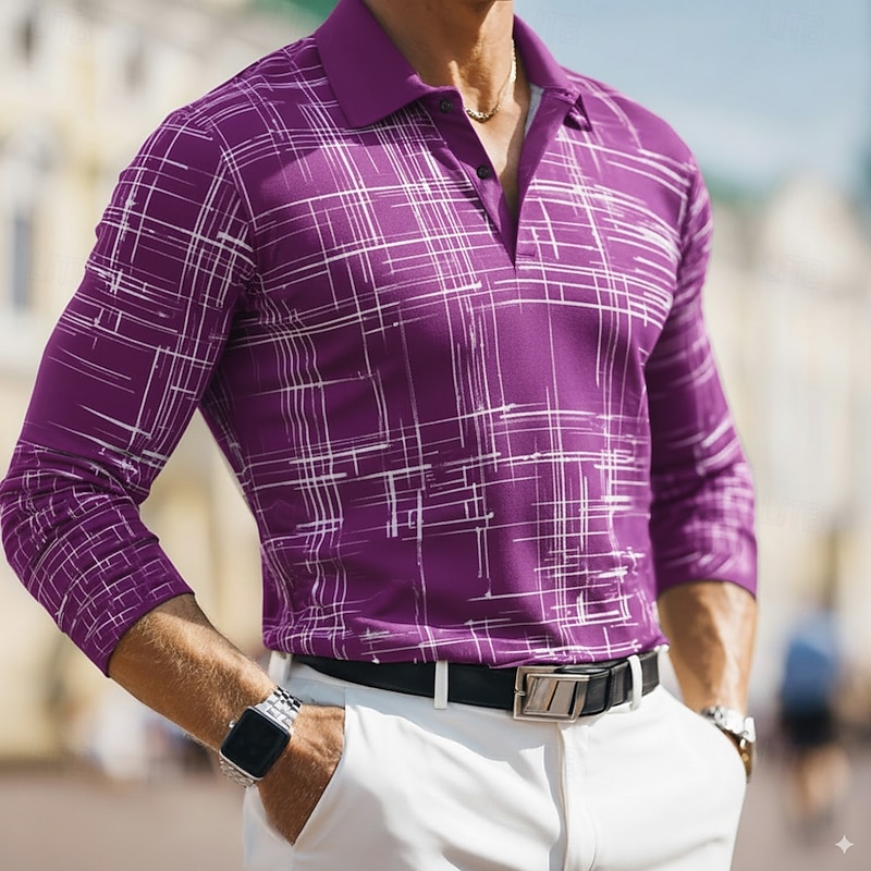 Men's Geometic Polo Long Sleeve Polo Shirts Lapel Business Casual Outdoor Street Athleisure Daily Wear 3D Print Buttons Spring Fall Winter Black Blue Purple3