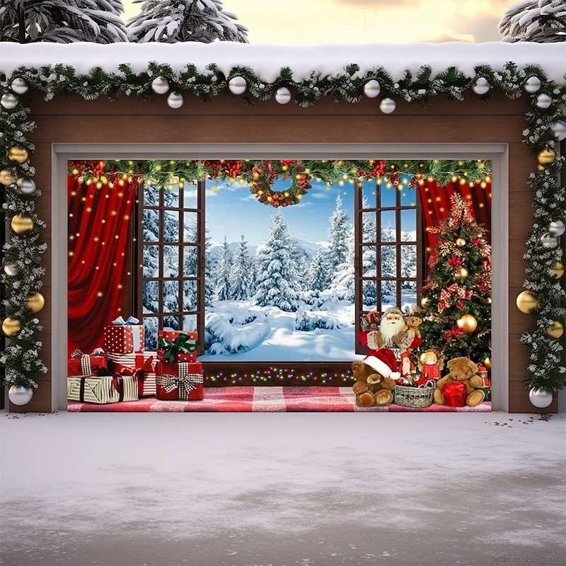 Christmas Garage Door Cover Large Hanging Backdrop Window Town Cute 3D Party Outdoor Holiday Shooting Backgrounds Yard Home Decor