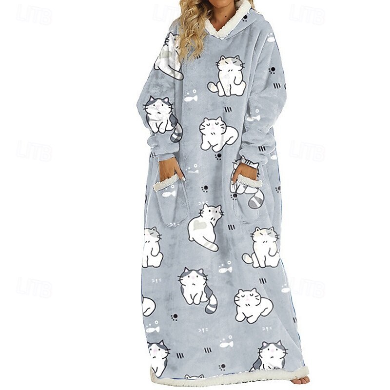 Women's Pajamas Wearable Blanket Comfort Geometic Pocket Home Daily Bed Long Sleeve Hoodie Blue Gray Winter3