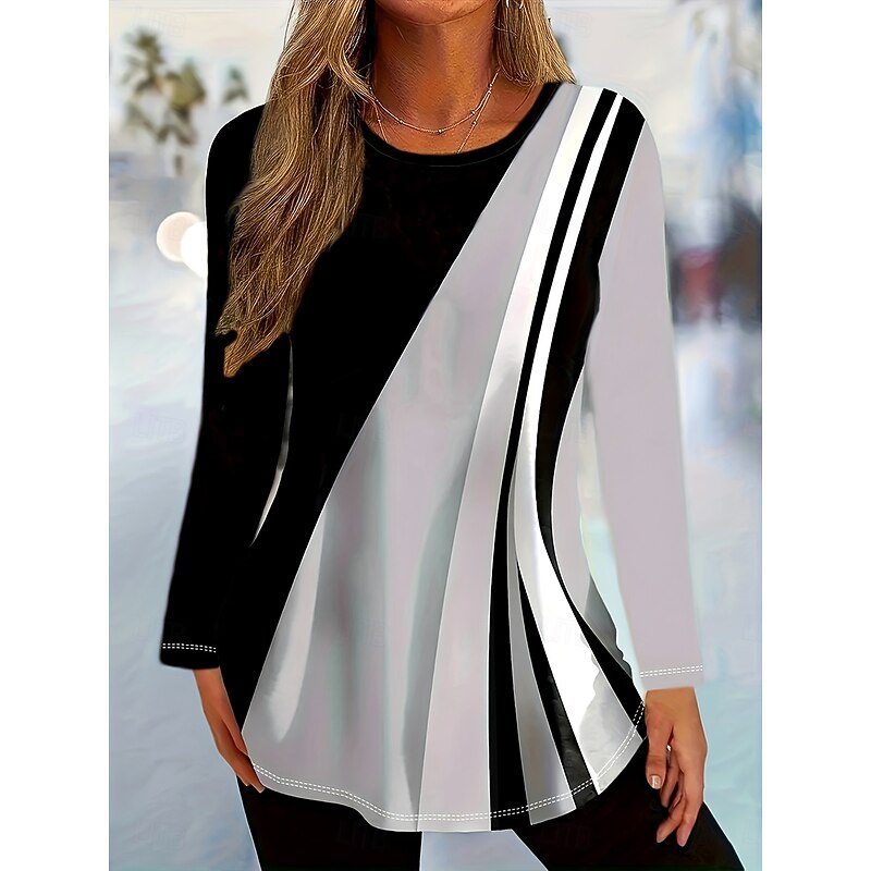 Women's T Shirt Graphic Geometric Color Block Vintage Stylish Classic Long Sleeve Crew Neck Round Neck Regular Tops Daily Print Black Blue Spring Fall Winter3