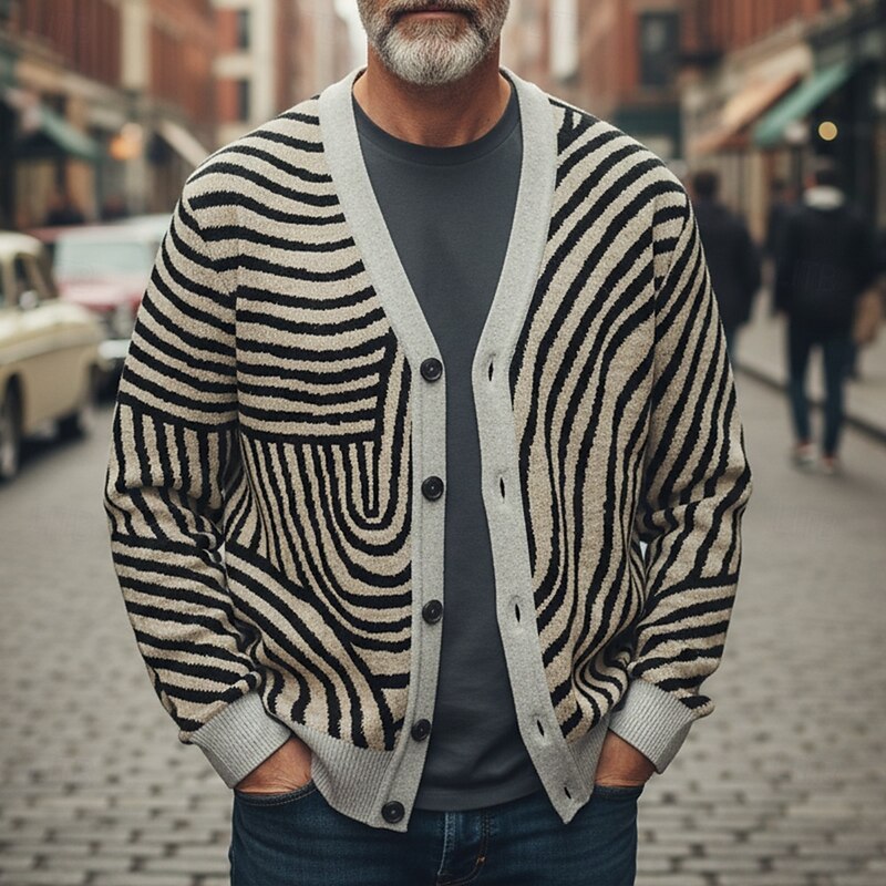 Christmas Men's Geometic Plaid / Striped / Chevron / Round Sweater Cardigan Sweater V Neck Retro Vintage Casual Outdoor Home Party Buckle Long Sleeve Fall Winter Khaki Grey