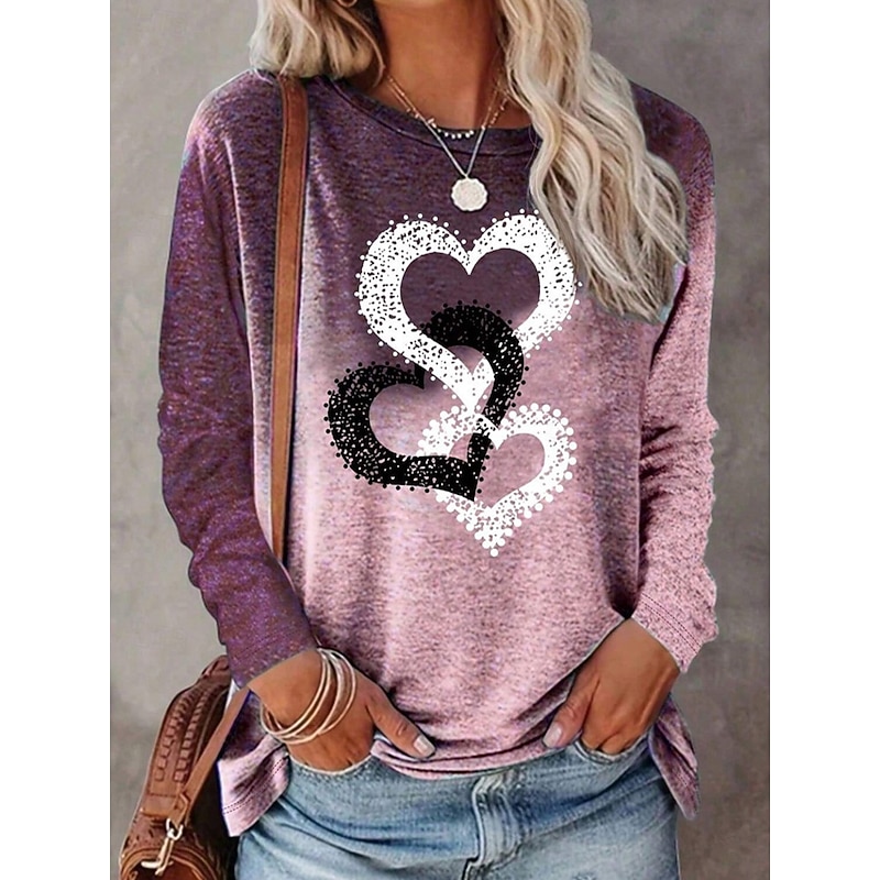 Women's T Shirt Heart Graphic Vintage Stylish Classic Long Sleeve Crew Neck Regular Tops Daily Print Blue Purple Green Spring Fall Winter