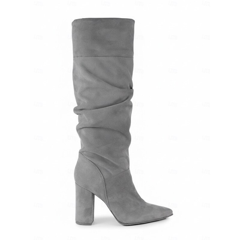 Women's Gray Suede Slouchy Knee-High Boots with Pointed Toe and Block Heels - Elegant Fall and Winter Footwear for Casual and Dressy Occasions4