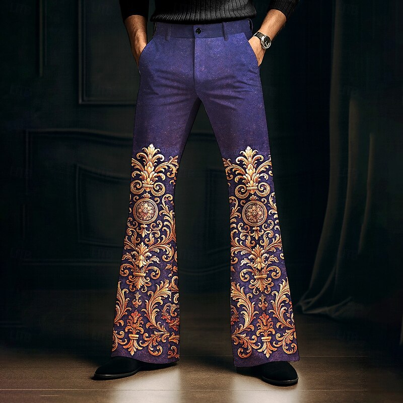 Men's Floral Print Flowers Disco Pants 60s 70s Bell Bottoms Mid Waist Western Vintage Retro Outdoor Party Casual Side Pockets Flared Leg Pants Trousers Spring Fall 3D Print Blue Dark Green Purple3