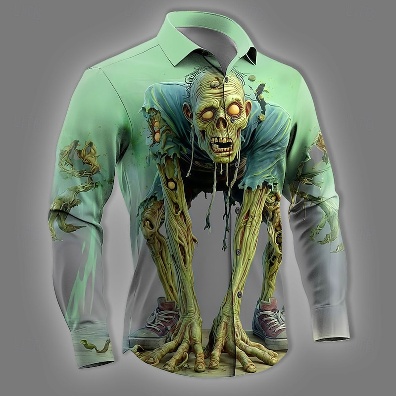 Halloween Men's Optical Illusion Zombies Horror Shirt Button Up Shirt Long Sleeve Dark Gothic Style Holiday Streetwear Spring Fall Turndown 3D Print Collared Shirts Pink Blue Purple Green