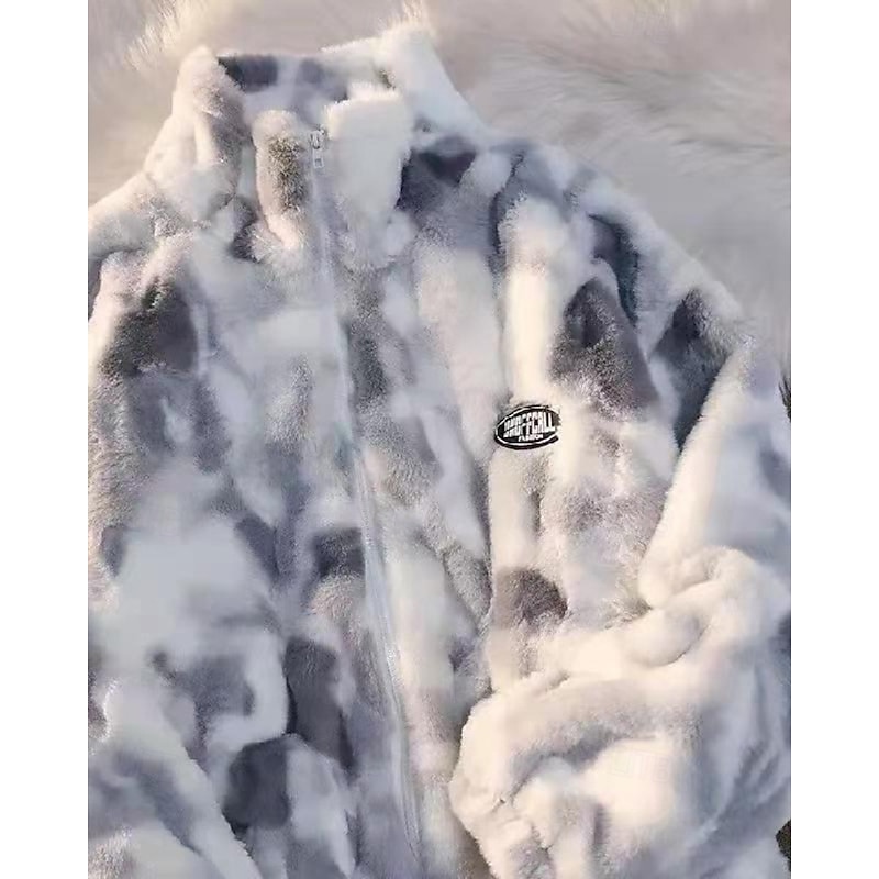 Women's Fleece Jacket Teddy Coat Faux Fur Coat Warm Comfortable Zipper Casual Tie Dye Vacation Street Casual Daily Wear Regular Stand Collar Regular Fit Long Sleeve Outerwear Pink Blue Gray Fall3
