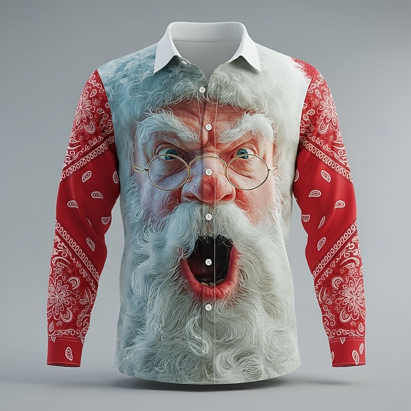 Christmas Men's Santa Claus 3D Cartoon Human face Shirt Button Up Shirt Long Sleeve Funny Outdoor Holiday Spring Fall Turndown 3D Print Collared Shirts Red 1 Red Red 2