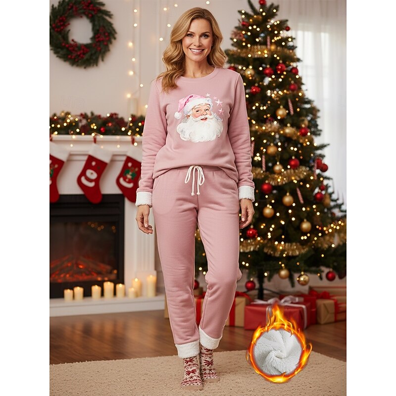 Women's Elegant Warm Fashion Two Piece Sets Tracksuit Pants Sets Long Sleeve Crew Neck Ugly Christmas Print Outdoor Vacation Daily Black Pink Dark Pink Spring Regular Fit