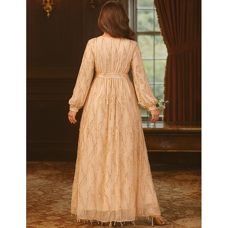 A-Line Mother of the Bride Dress Plus Size Sparkle & Shine V Neck Ankle Length Lace Sequined Long Sleeve with Color Block2