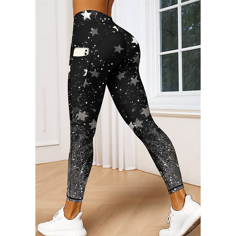 Women's pilates leggings fitness pants Gym Leggings Pockets Stamp Duty Side Pockets Pilates Gym Gym Workout Pants Tights Leggings Star Color Gradient Galaxy Star Print Black+Gray Sports Activewear