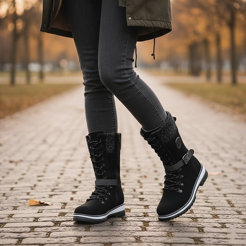 Women's Winter Lace-Up Snow Boots with Knit Cuff – Warm Waterproof Outdoor Combat Boots with Side Zipper and Anti-Slip Sole for Cold Weather and Hiking4