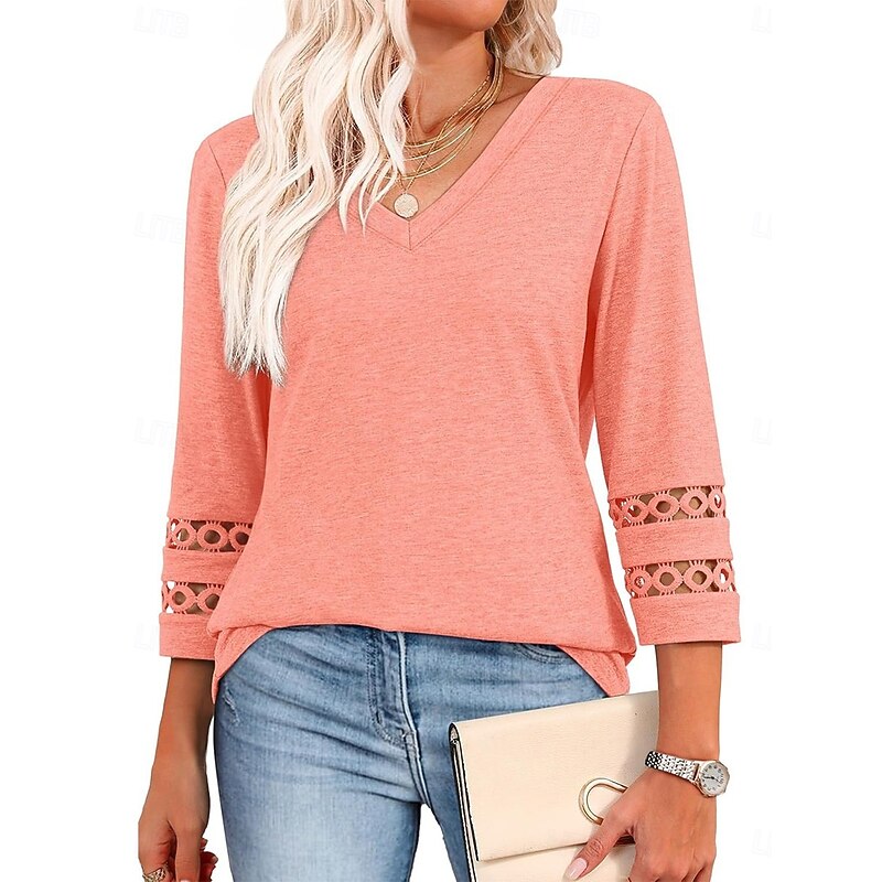 Women's Sweater Casual Soft Pure Color Ribbed V Neck Knitted 3/4 Length Sleeve Regular Tops Knit Outdoor Daily Weekend White Pink Spring Fall