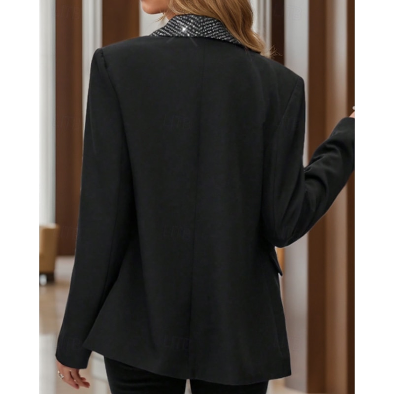 Black Tie Sequin Women's Blazer Sport Coat Formal Party Wedding Party Elegant Long Sleeve Shawl Lapel Flapped Pockets Single Breasted3