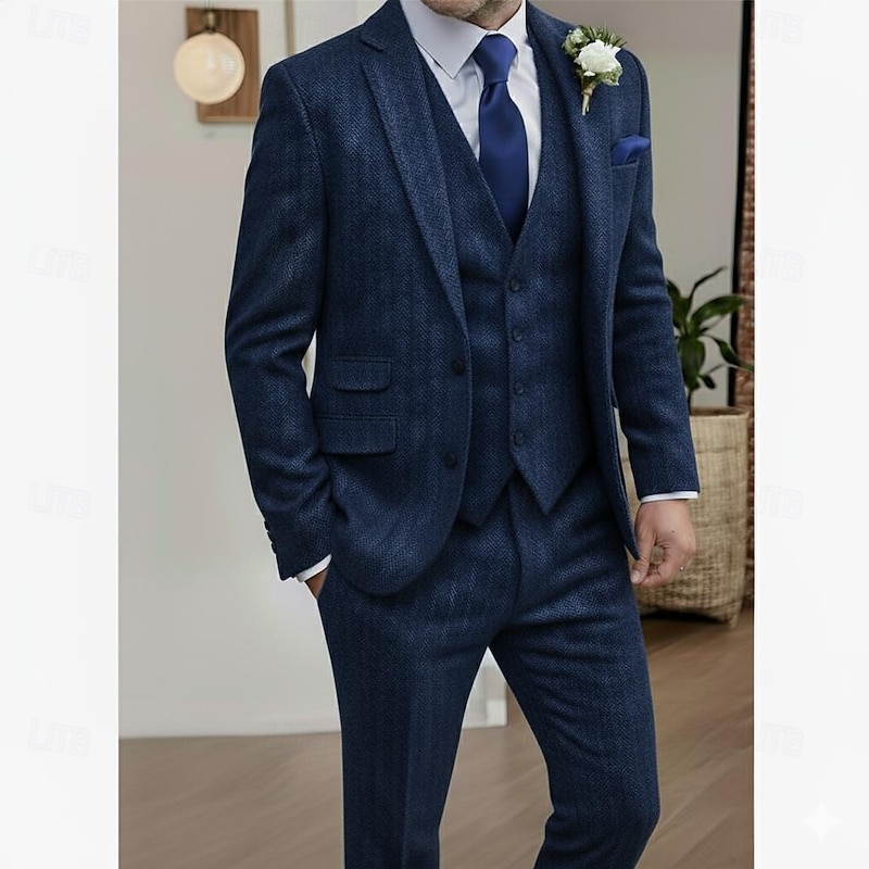 Men's Wedding Business Tweed Suits Notch Lapel Black Brown Daily Formal Herringbone Tailored Fit 3 Piece Single Breasted Two-buttons2