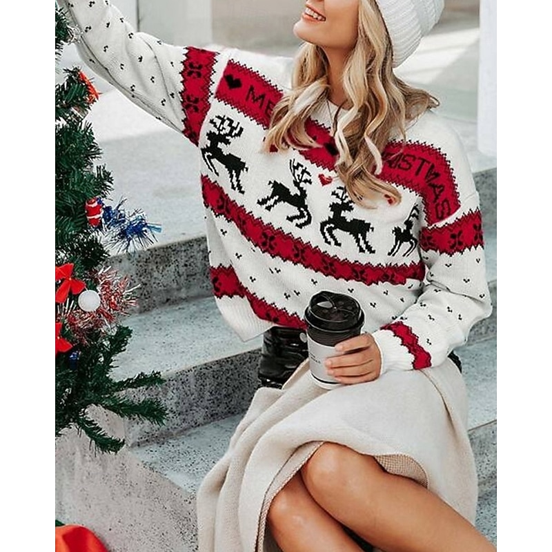 Women's Christmas Sweater Fair Isle Sweater Pullover Fashion Casual Reindeer Ribbed Crew Neck Knitted Print Long Sleeve Regular Tops Knit Christmas Outdoor Daily Red Fall Winter4