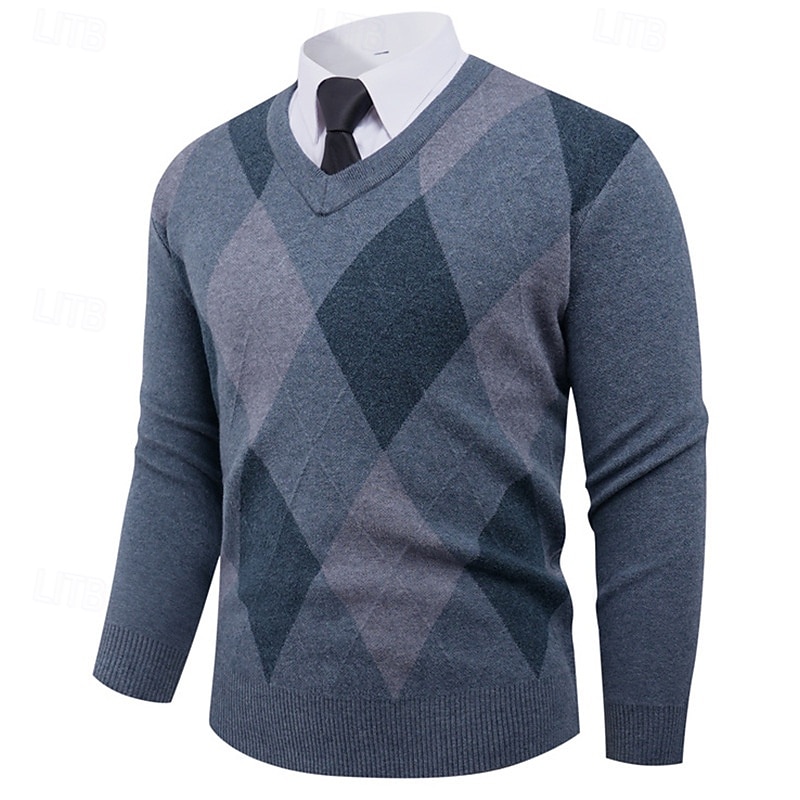 Men's Pullover Sweater Jumper Knit Sweater Ribbed Knit Regular Tops Knitted Plaid V Neck Fashion Basic Vacation Daily Wear Clothing Apparel Spring Fall Navy Blue Khaki S M L4