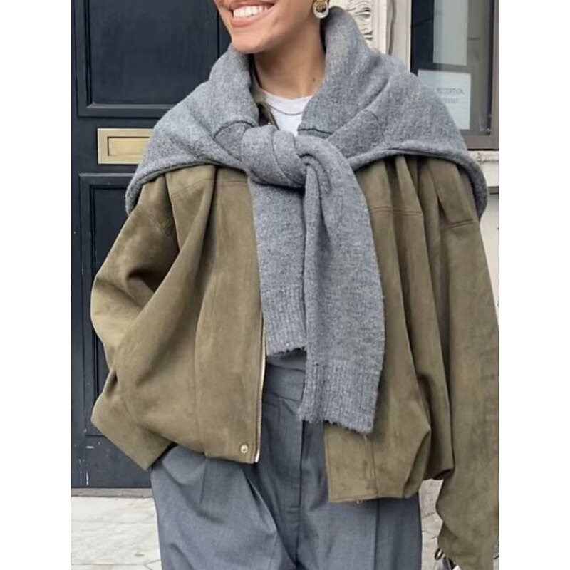 Women's Casual Jacket Comfortable Breathable Zipper Casual Plain Vacation Street Casual Daily Wear Zipper Short Turndown Regular Fit Long Sleeve Outerwear Wine Brown Army Green Spring Fall