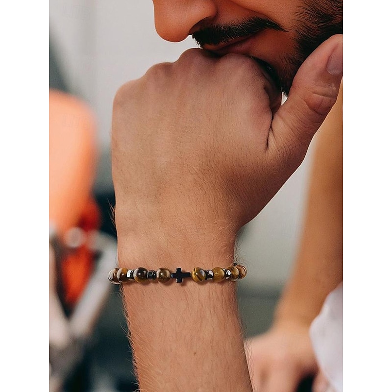 Men's Natural Stone Beaded Bracelet with Cross Charm, Adjustable Stretch Wristband, Spiritual Jewelry for Christmas Gift, Parties and Daily Wear2
