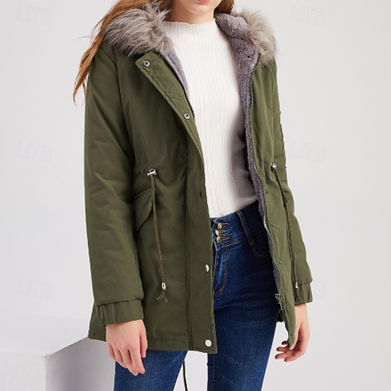Women's Winter Coat Parka Warm Comfortable Zipper Pocket Fur Collar Casual Plain Outdoor Vacation Daily Wear Going out Long Hooded Regular Fit Long Sleeve Outerwear Navy Gray Pink Black Fall Winter3