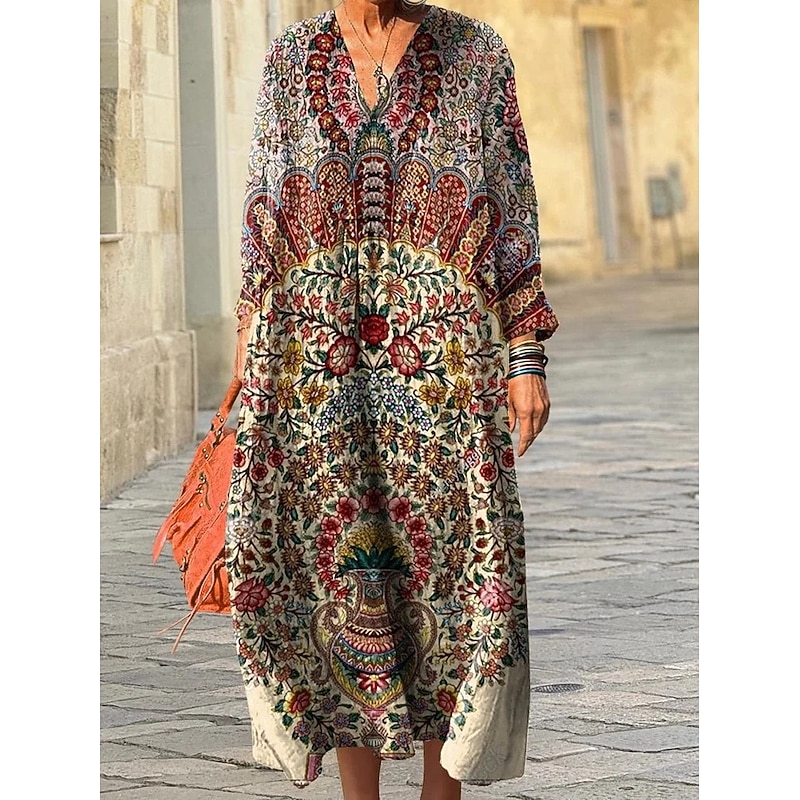 Women's Midi Dress Sundress A Line Dress Vacation Casual Boho Going out Beach Loose Fit Graphic Geometric Long Sleeve V Neck Pink Blue Green Apricot Spring Fall Winter Autumn