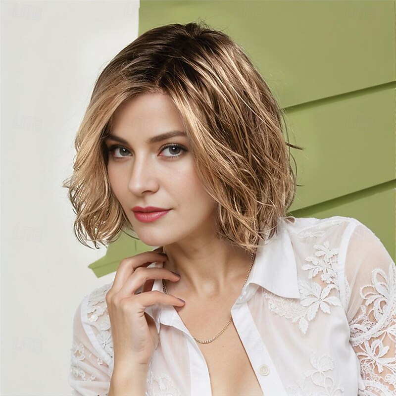 Women’s Golden Brown Ombre Short Bob Wig with Dark Roots Natural Looking Realistic Synthetic Hair Heat Resistant Wavy Elegant Daily Wear Fashion Style
